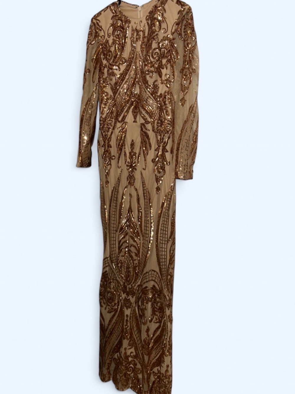 Long Sleeve Sequined Evening Gown in Nude and Bronze